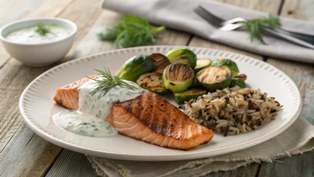 Steelhead trout with wild rice, Brussels sprouts, and dill sauce.