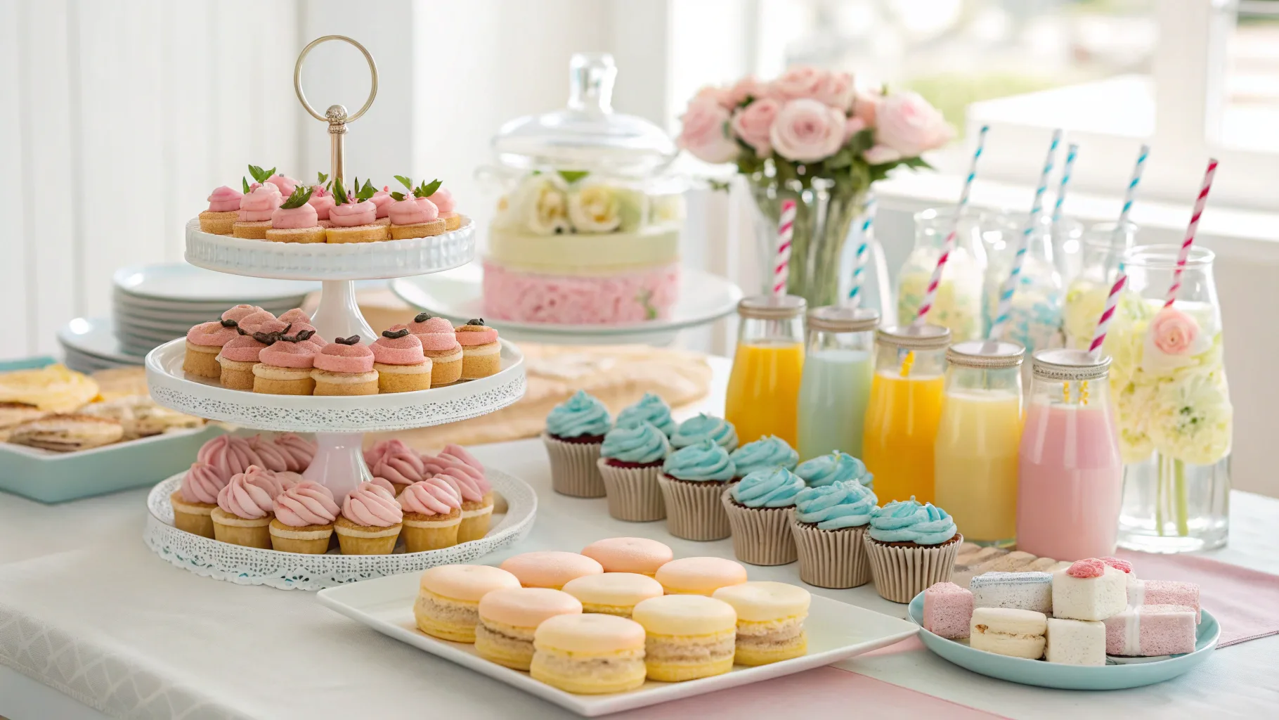 Beautiful baby shower food table with pastel desserts and drinks.Banana pudding ice cream