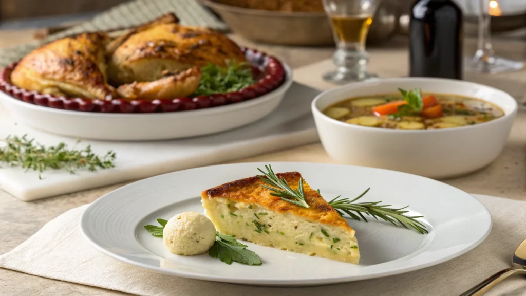 A slice of Passover potato pie with roasted chicken and matzo ball soup.