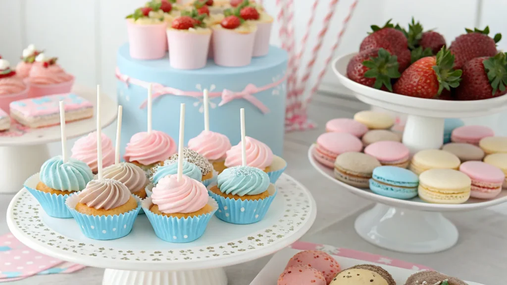 a close up of a baby shower dessert table with cup