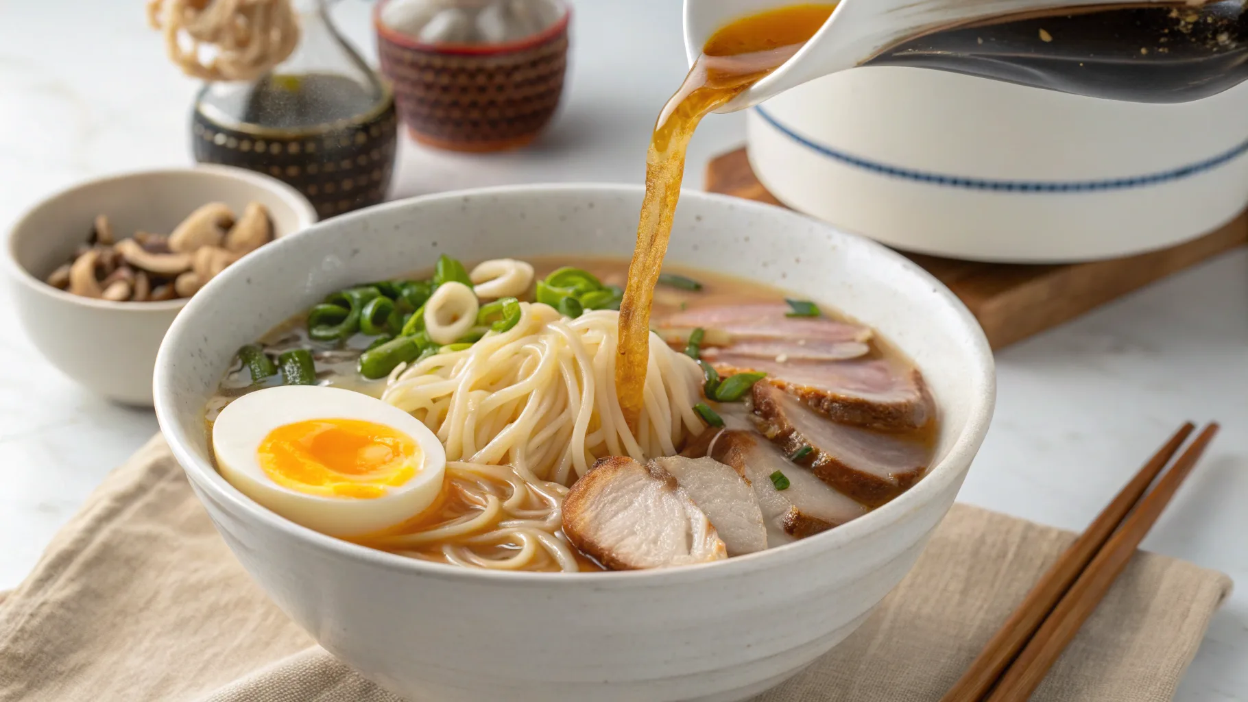 "Ramen noodle bowl recipes: Assembling a homemade ramen bowl with fresh toppings."