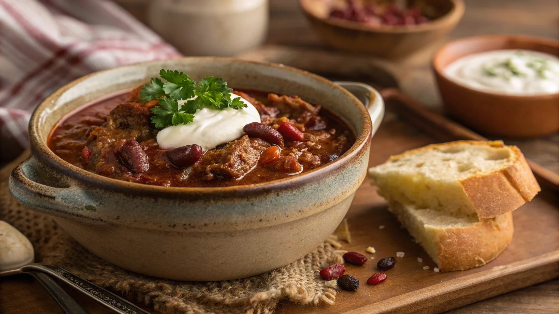 "Canned venison chili recipe served with sour cream and parsley."