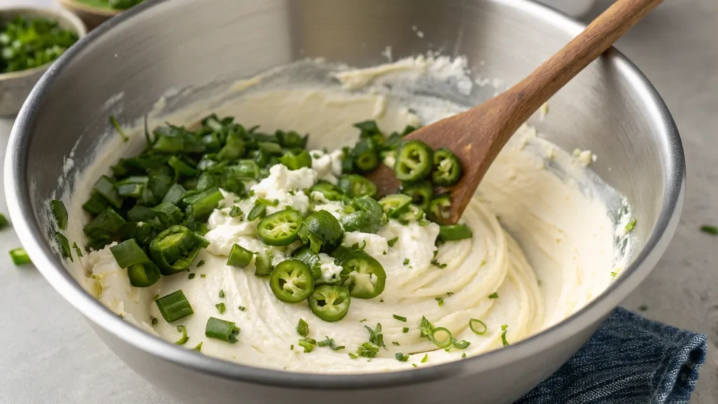 a close up of a mixing bowl with creamy goat chees