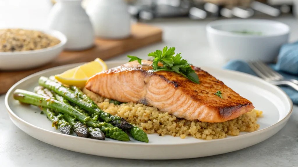 Crispy steelhead trout fillet served with asparagus and quinoa.Steelhead trout recipe,Steelhead trout recipeSteelhead trout recipe