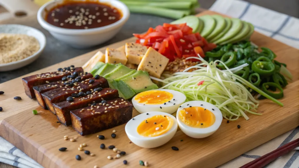 "Creative toppings for ramen noodle bowls including tofu and scallions"