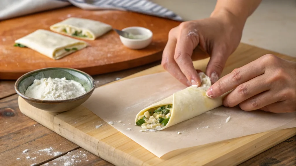 a close up of hands rolling an egg roll wrapper o