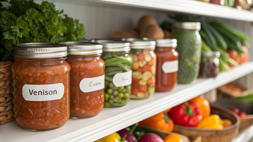 "Home-canned venison jars stored in a pantry with labels."