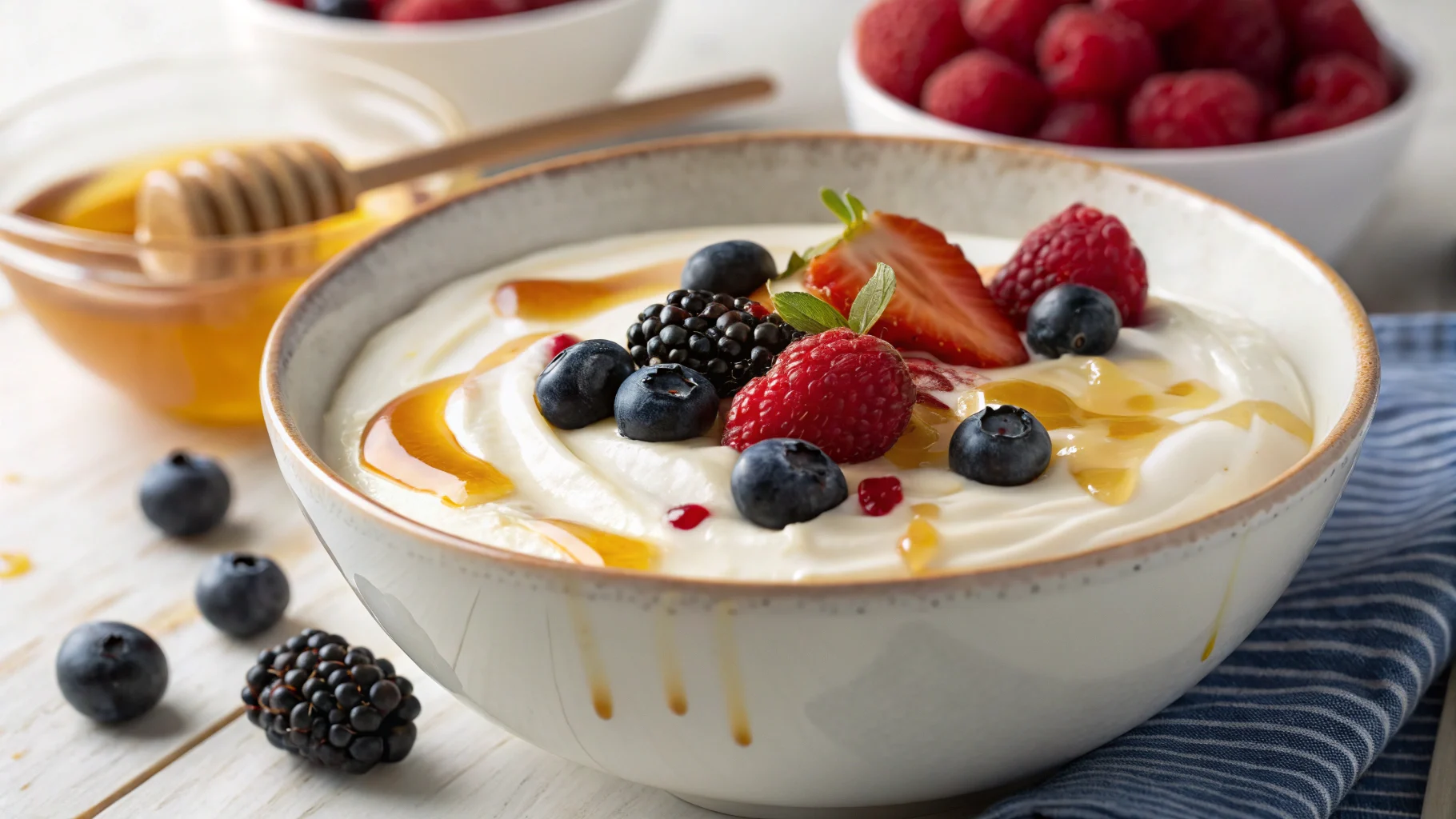 Homemade Instant Pot Greek yogurt with berries and honey.Instant Pot Greek Yogurt