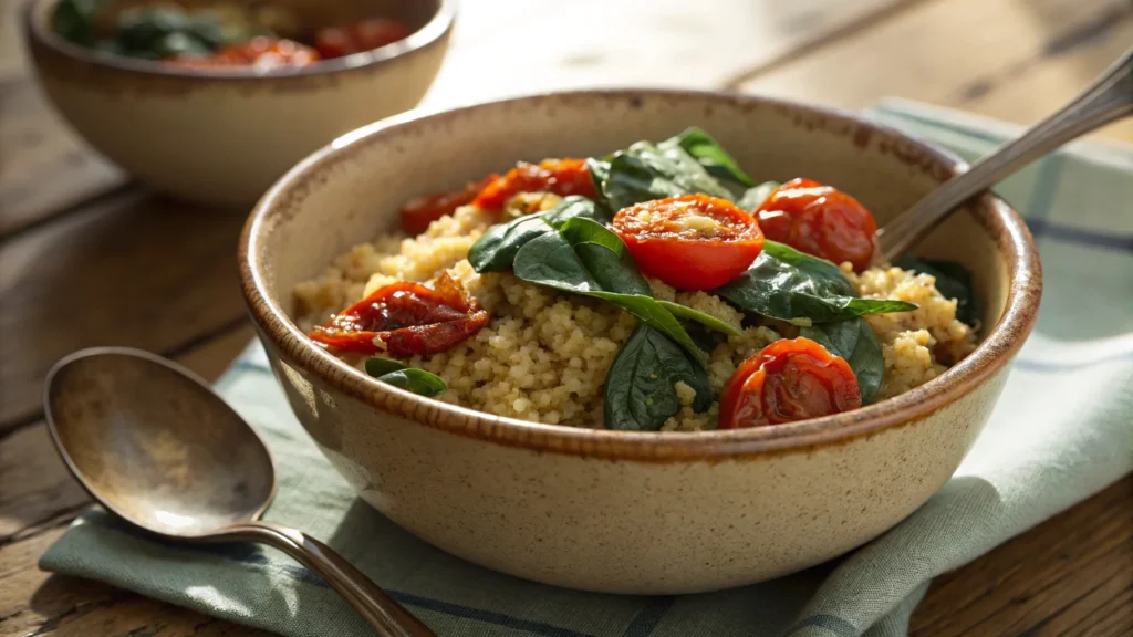 a close up of warm quinoa with roasted tomatoes a1