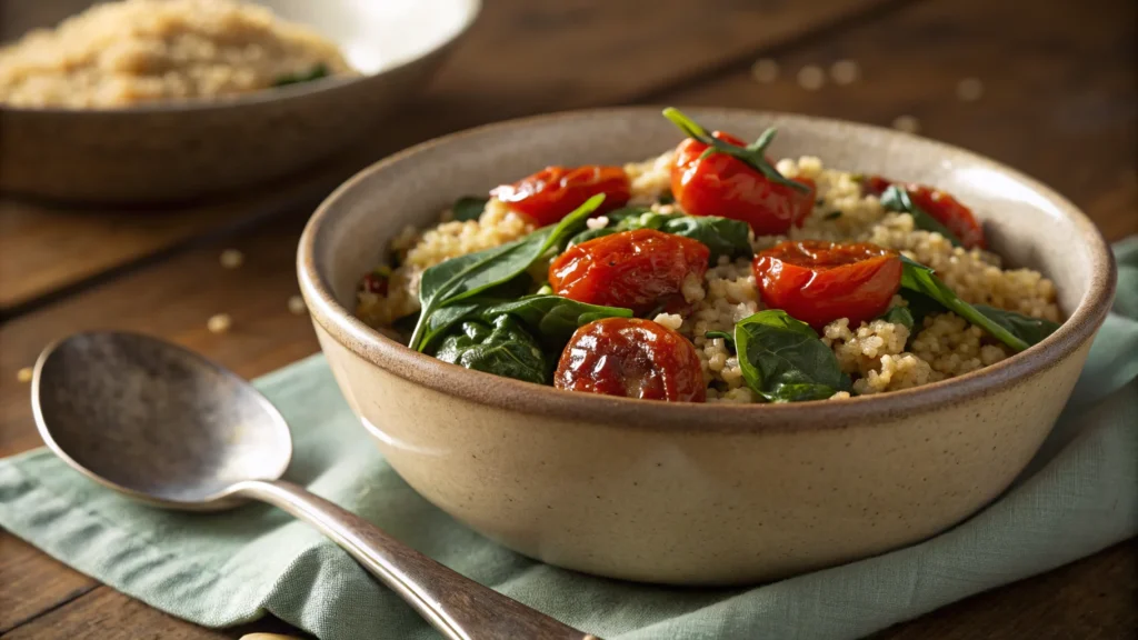 a close up of warm quinoa with roasted tomatoes an