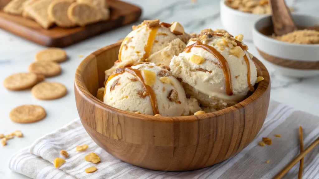 Banana pudding ice cream with crushed vanilla wafers and caramel drizzle.Banana pudding ice cream