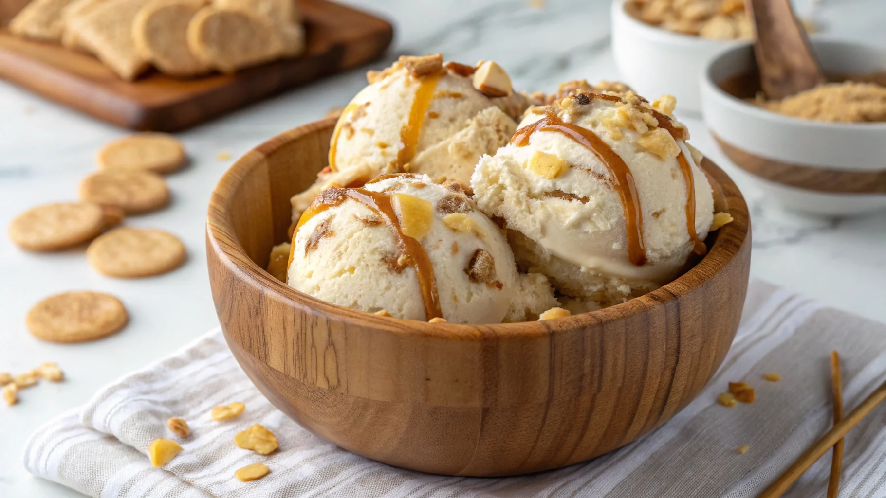 Banana pudding ice cream with crushed vanilla wafers and caramel drizzle.Banana pudding ice cream