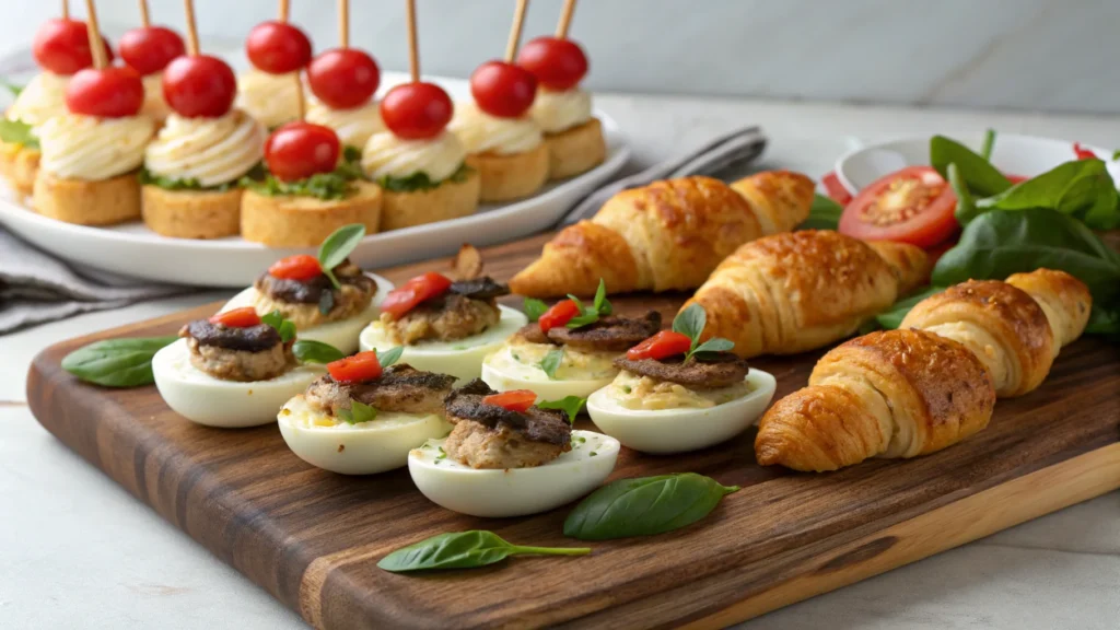 Elegant baby shower appetizers on a serving board.