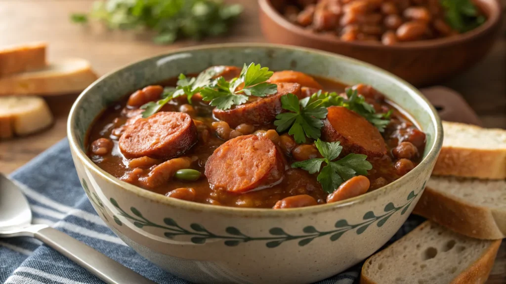 Close-up of a warm bowl of beanie weenies topped with parsley