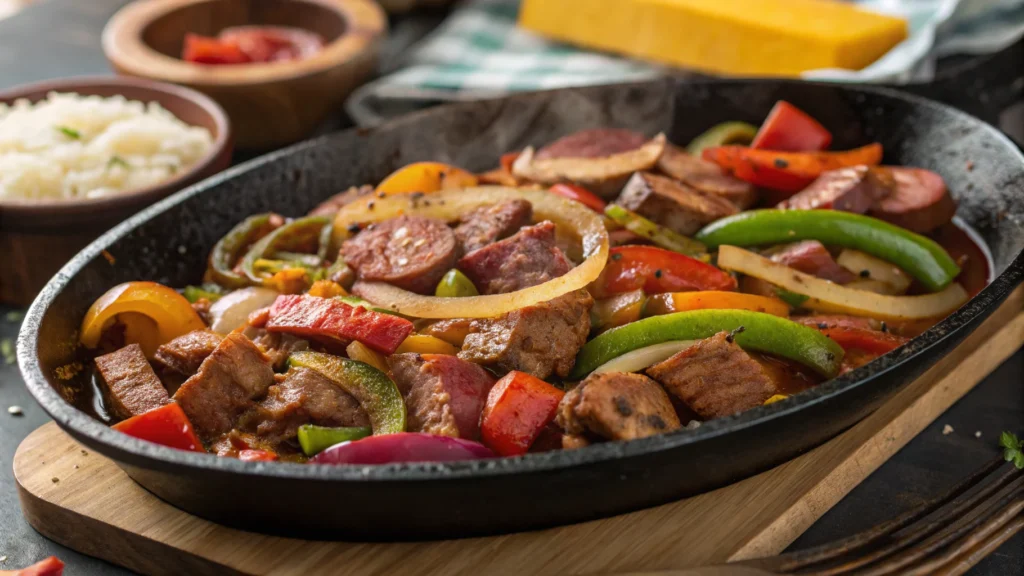 Sizzling traditional discada recipe with meats and vegetables.Discada Recipe