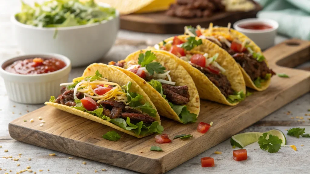 "Canned venison tacos with fresh toppings like salsa and cheese."