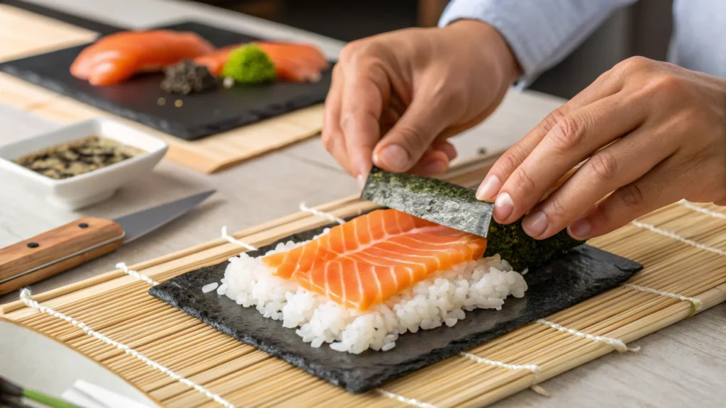 a detailed close up shot of hands making sushi at