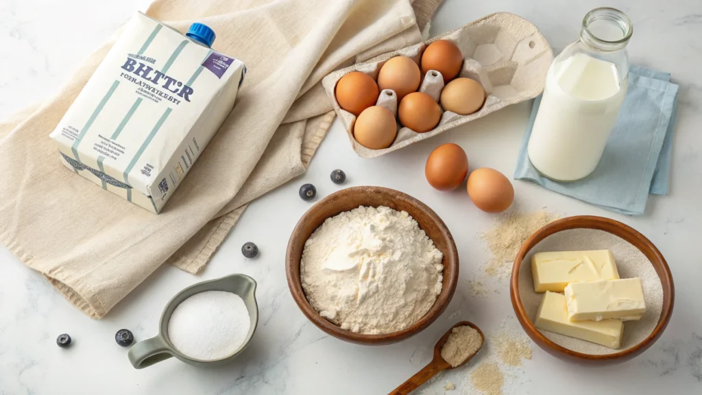 a flat lay of ingredients for kefir sheet cake in 1