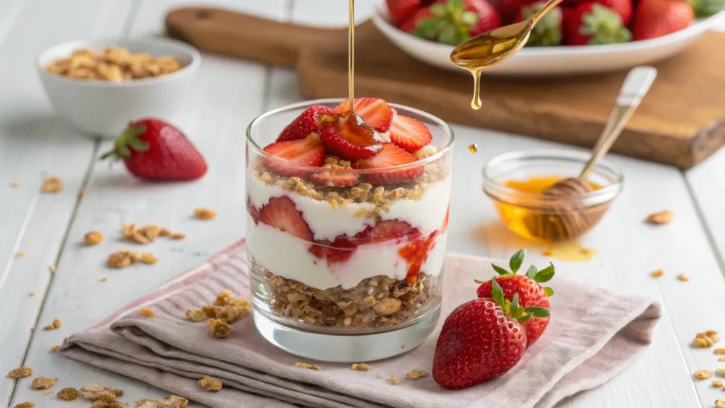 Greek yogurt parfait with granola and fresh fruit.