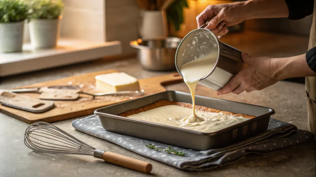 "Pouring kefir batter into sheet cake pan"