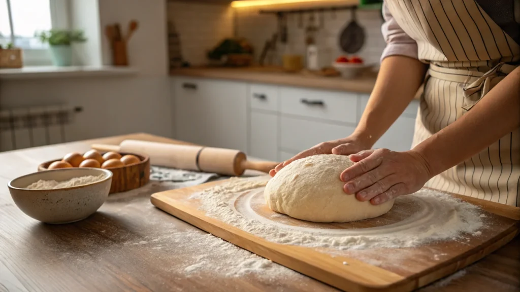 a kneaded ball of dough resting on a floured surfa