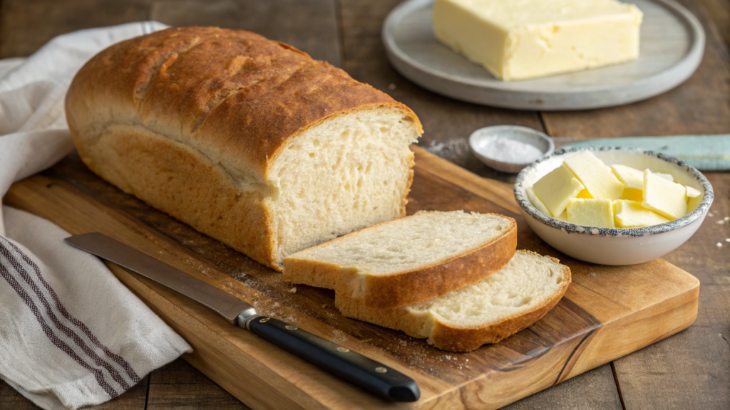 a loaf of salt rising bread sliced to reveal a sof1