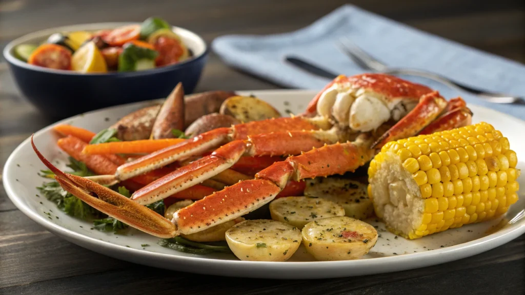 a plate of snow crab legs paired with roasted vege