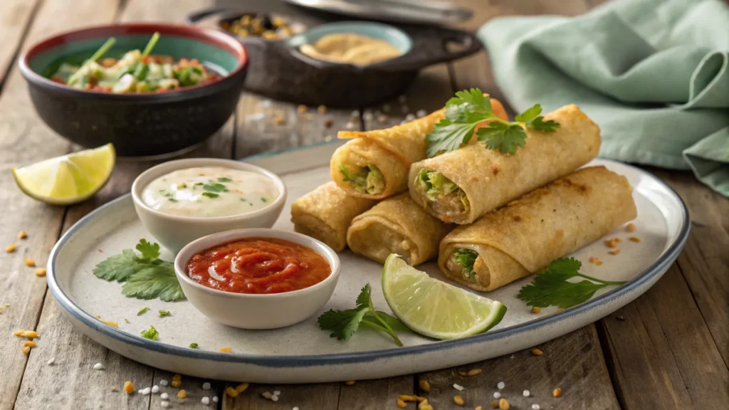 Crispy egg rolls with dipping sauces.