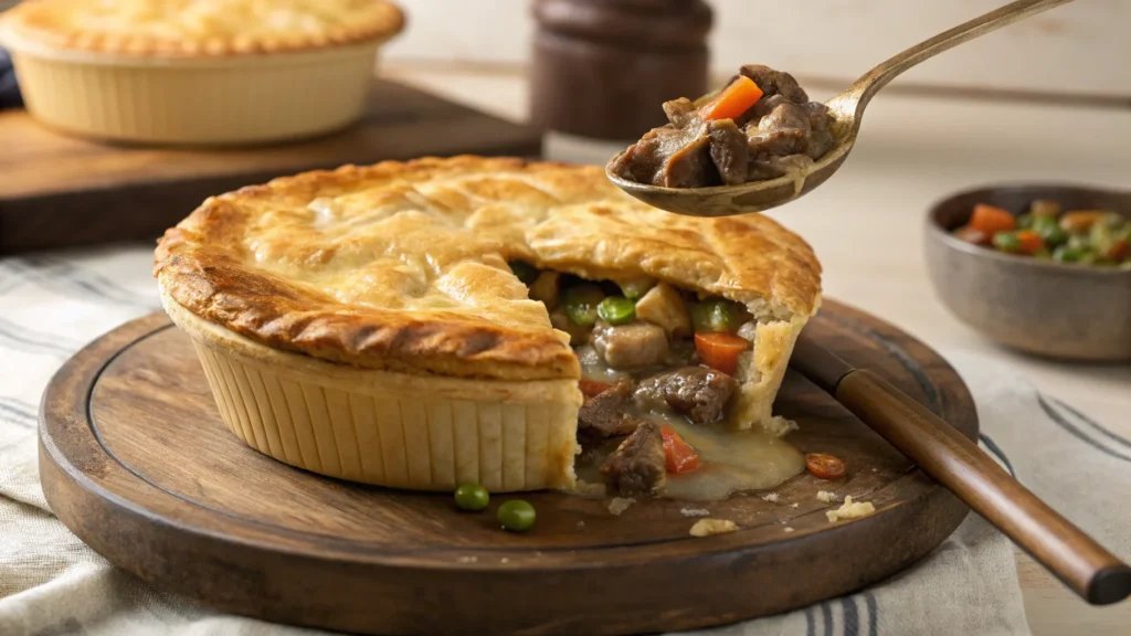 "Rustic venison pot pie with golden flaky crust and creamy filling."