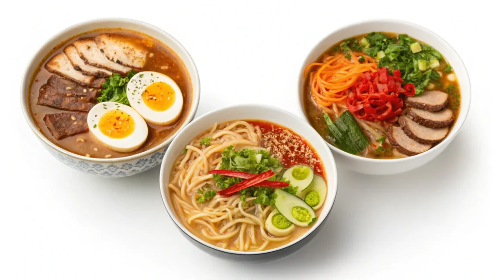 "Three types of ramen bowls: miso, Korean spicy, and vegan"