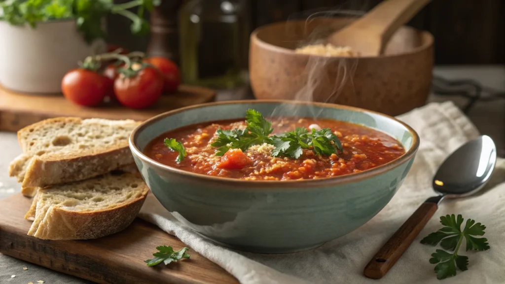 a steaming bowl of quinoa tomato soup with fresh p