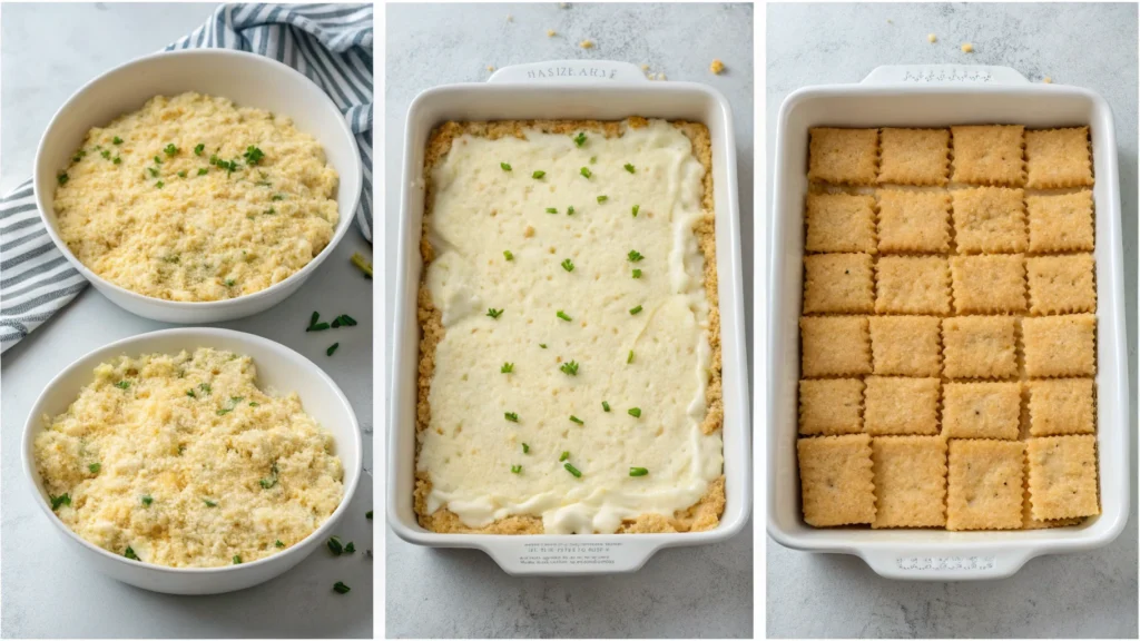 Layering pineapple casserole with crackers and cheese.