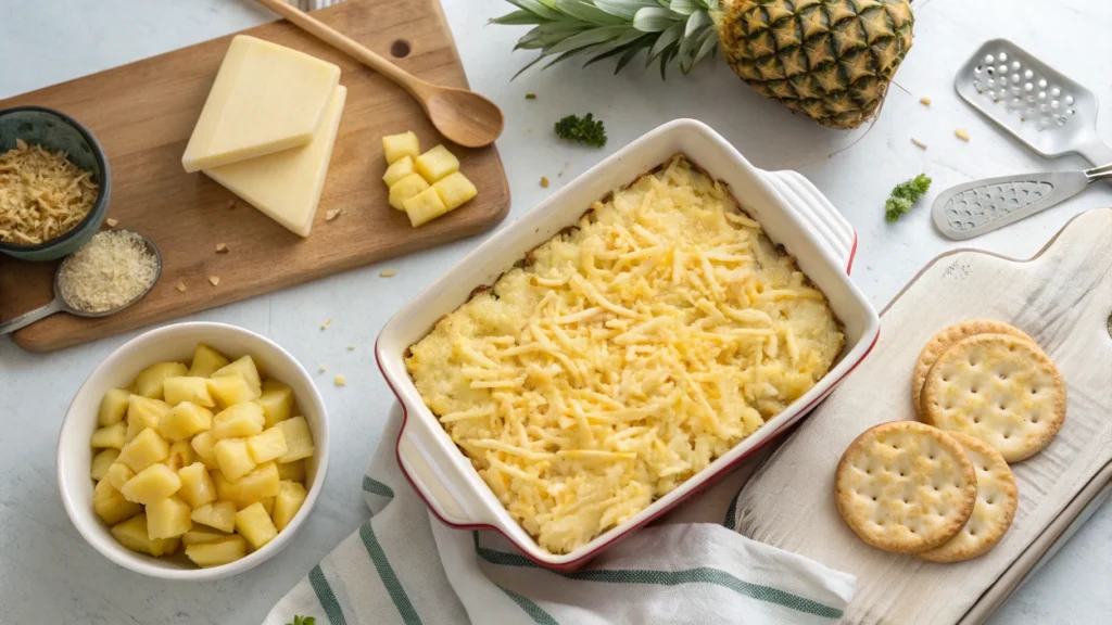 Ingredients for Pineapple Casserole Recipe with cheese and crackers..