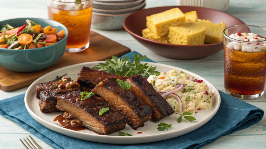 A dinner spread featuring country-style beef ribs, cornbread, coleslaw, and roasted vegetables with iced tea.