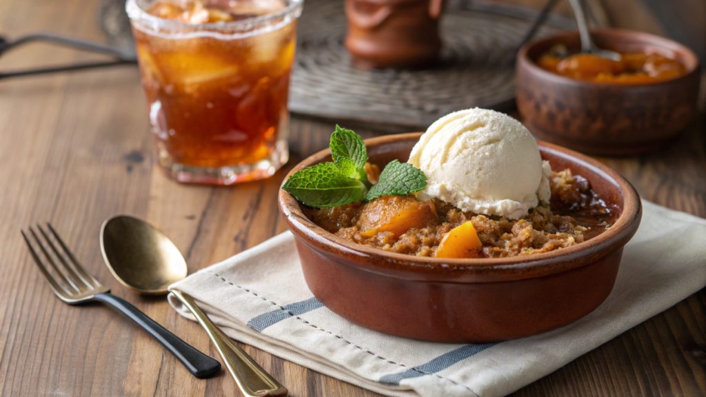 a warm peach crumble served in a rustic ceramic b