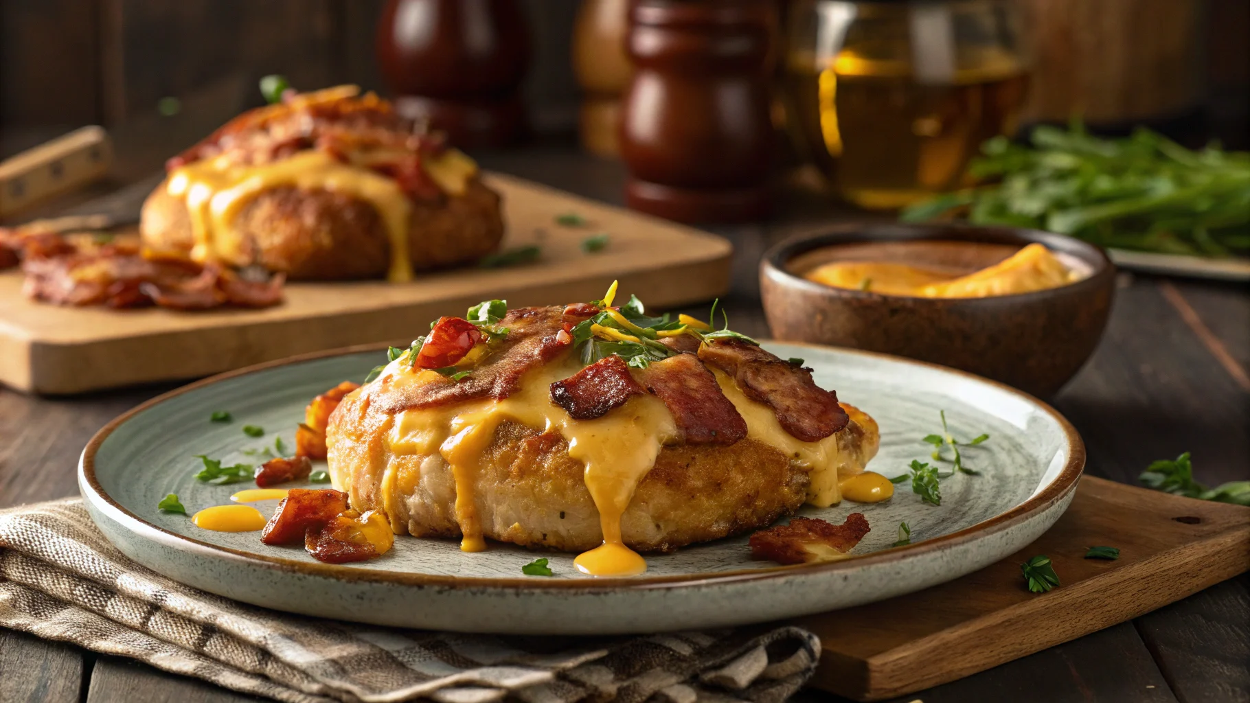 "Plated Alice Springs Chicken with bacon, melted cheese, and honey mustard sauce served with roasted vegetables."