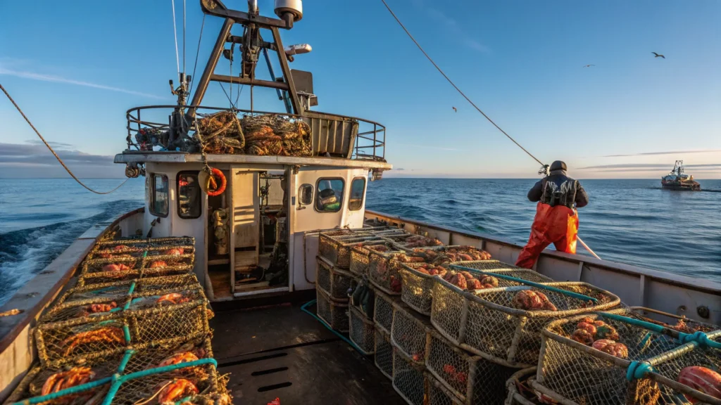 an action shot of snow crab harvesting in the nor