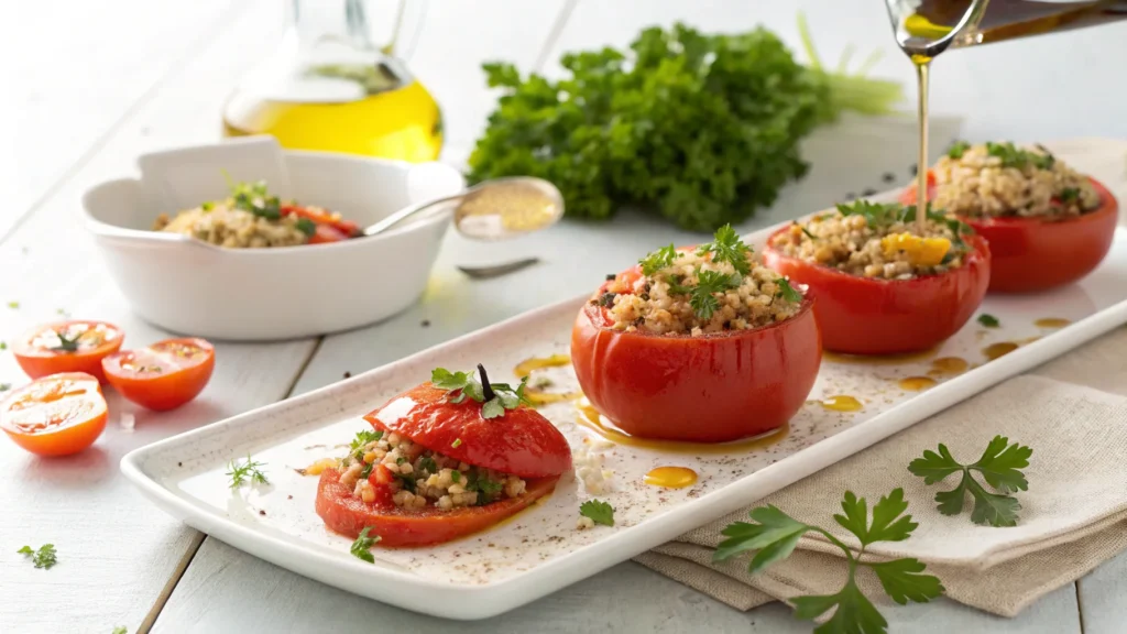 Quinoa-stuffed tomatoes with fresh herbs.Quinoa recipes tomato