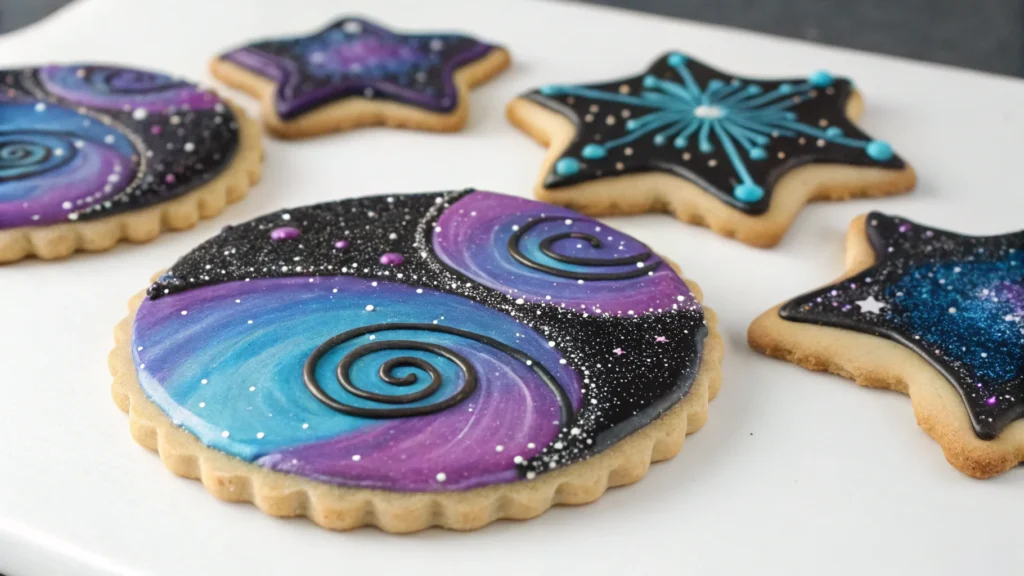 beautifully decorated galaxy themed cookies with