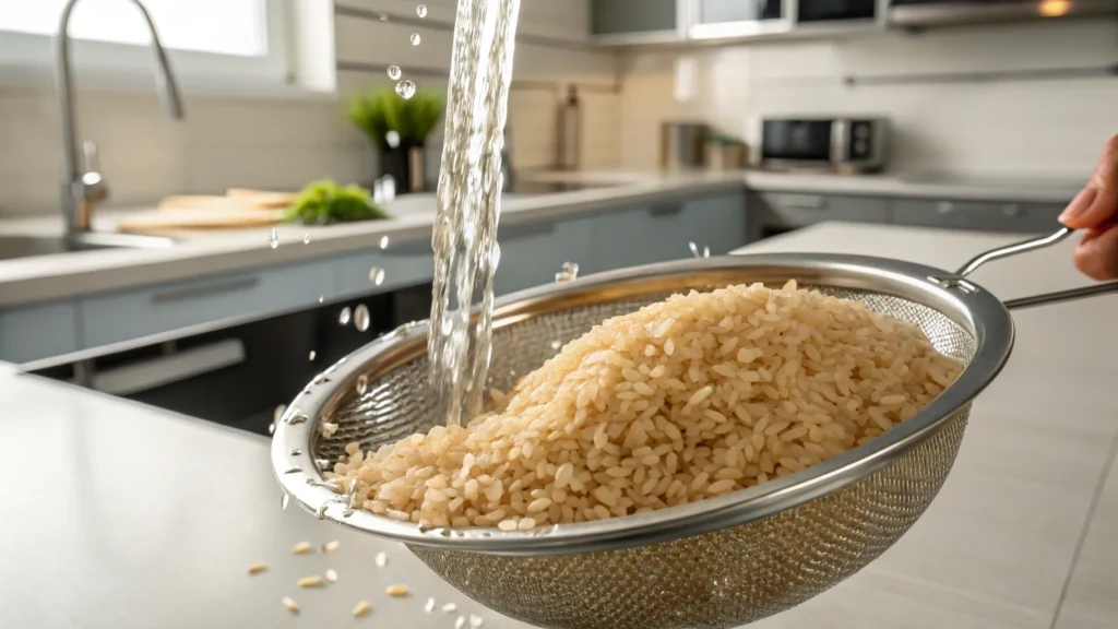 Rinsing brown rice under running water to remove starch and arsenic.