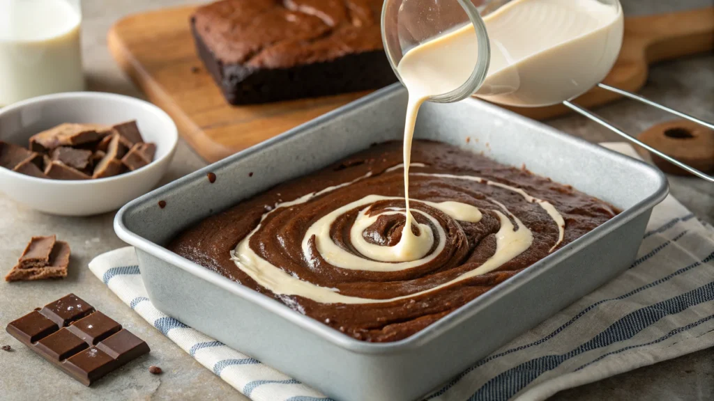 brownie batter in a baking pan with a creamy swir