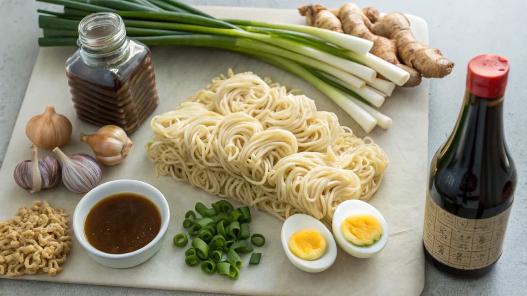 "Key ingredients for ramen noodle bowl recipes including noodles and miso"