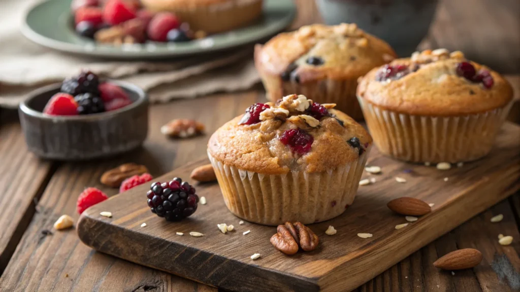 "Whole-grain muffins with berries and nuts for healthy baking