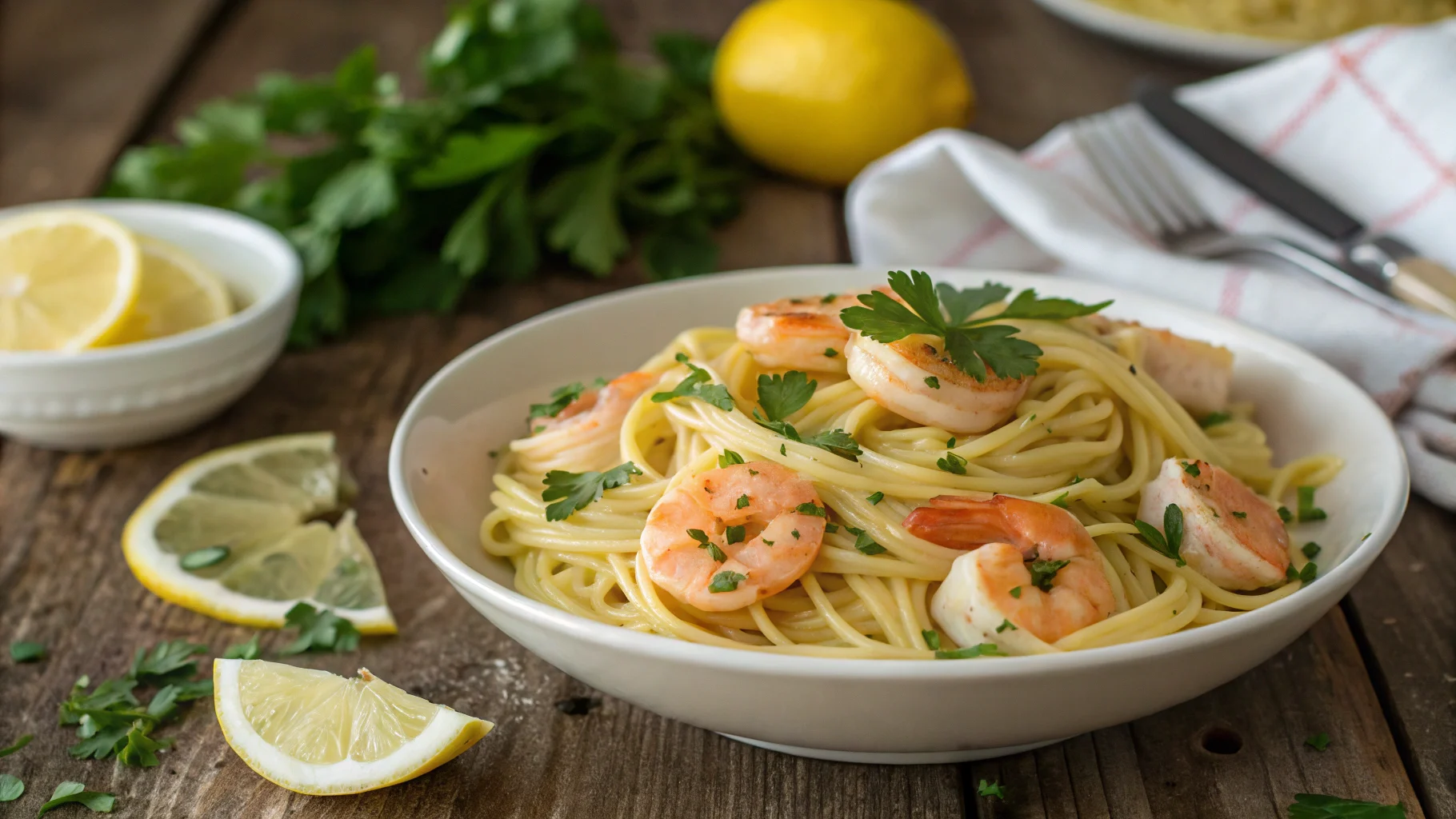 Shrimp garlic butter pasta garnished with parsley and lemon slices.Shrimp Garlic Recipe Butter Pasta