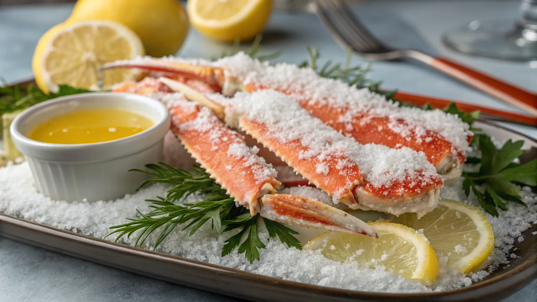 Alt Text: Snow crab legs with lemon wedges and butter.