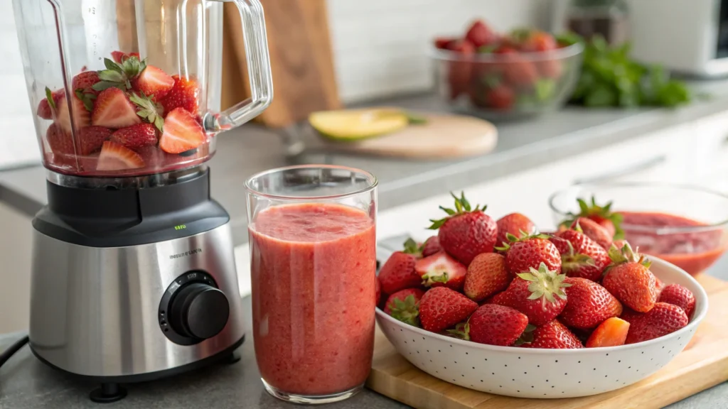 Fresh strawberry puree being blended