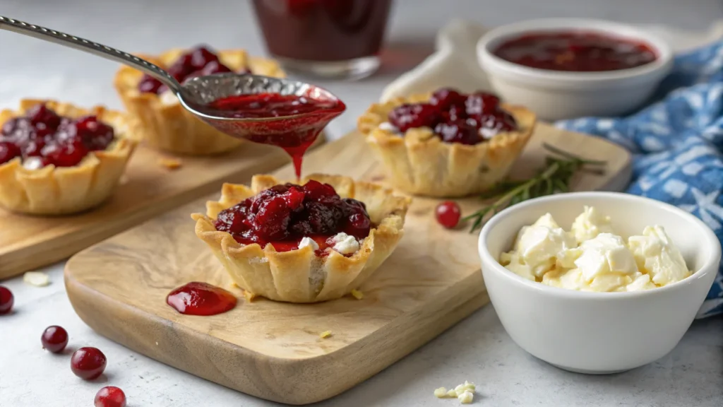 cranberry sauce being spooned into phyllo dough cu