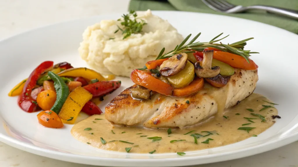 Alice Springs Chicken served with roasted vegetables and mashed potatoes, arranged on a rustic dining table for a cozy dinner."