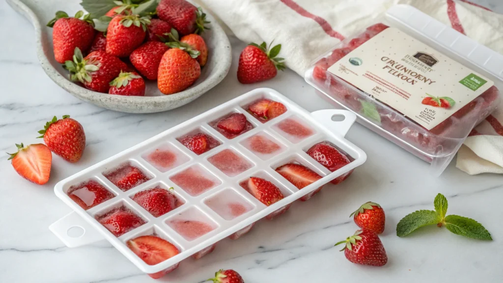 frozen cubes of strawberry puree in an ice cube tr