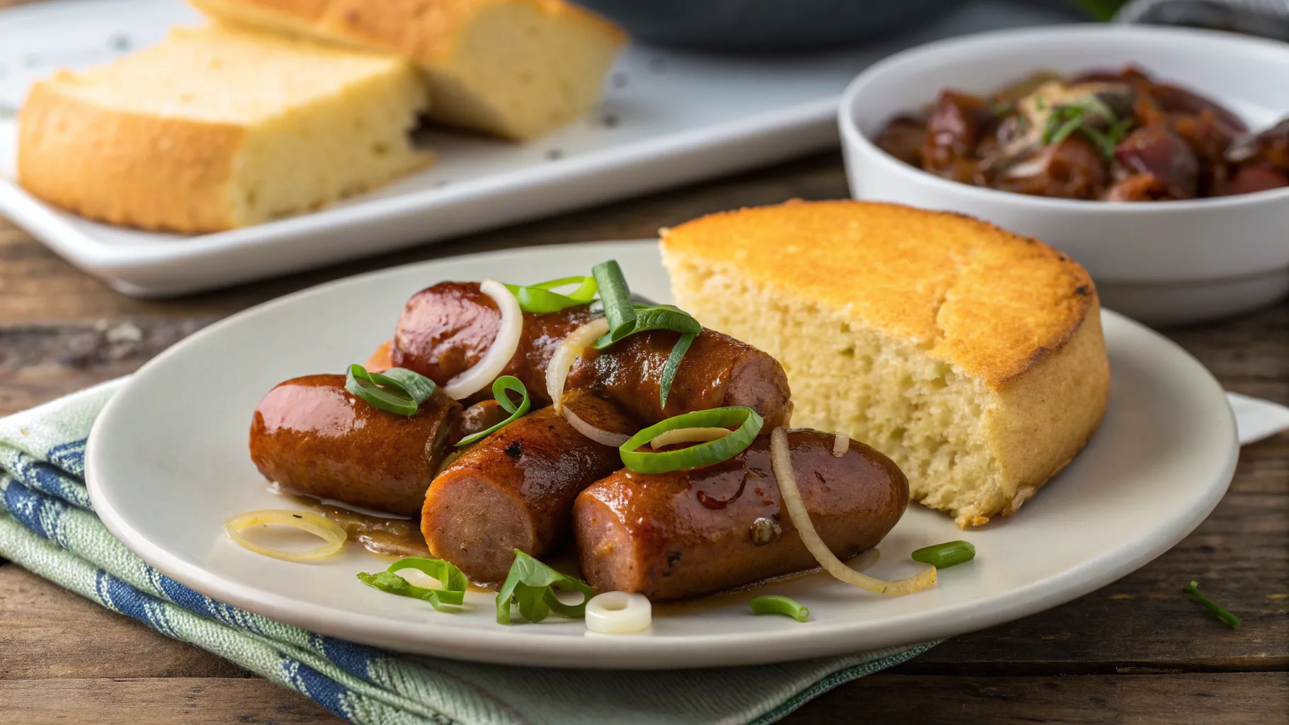 "Gourmet beanie weenies with smoked sausage and cornbread"